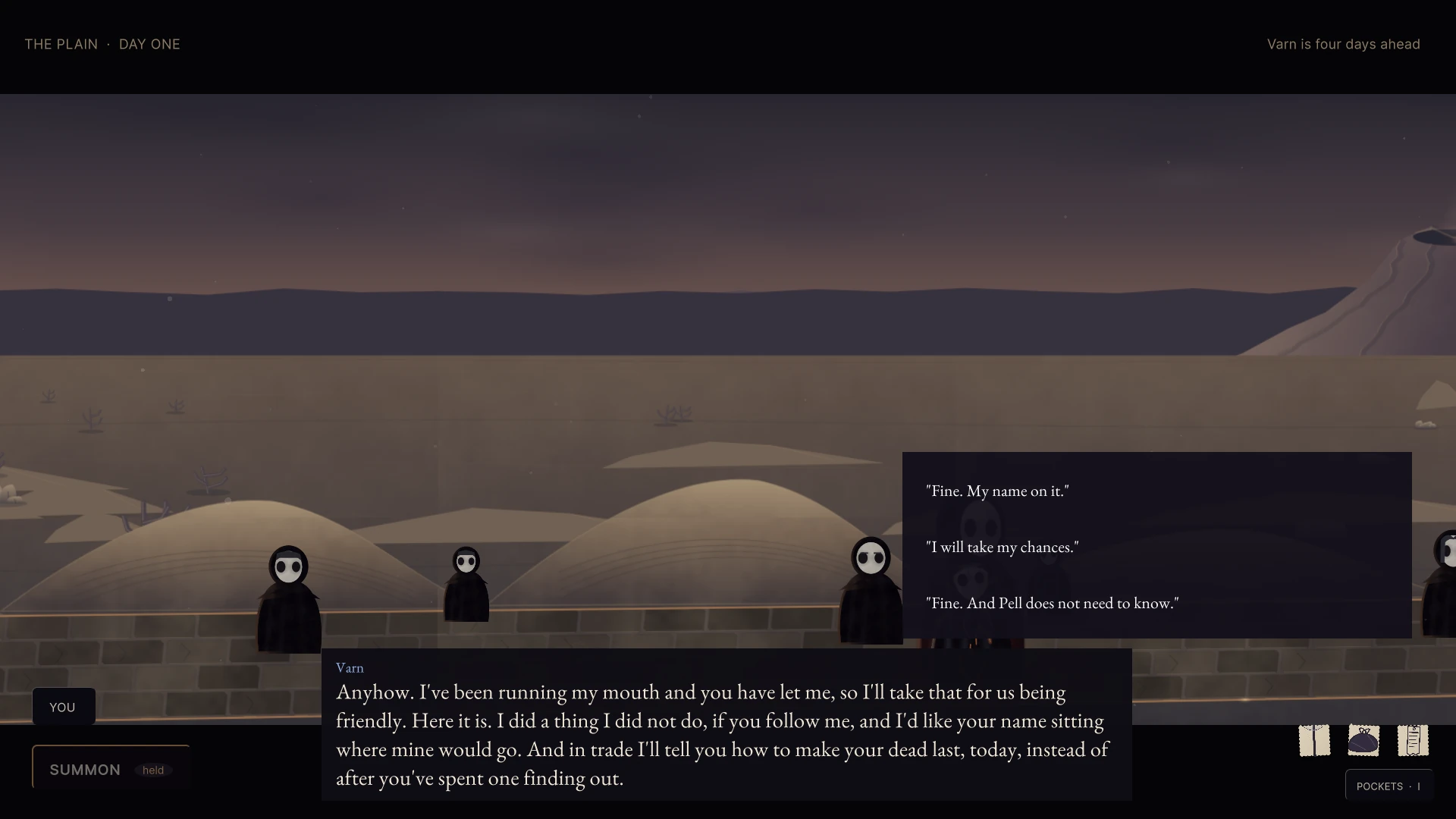 Choosing an answer in a conversation with Varn on the plain